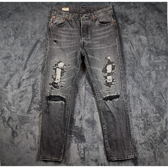 Levis 501 54 Deconstructed Jeans Men 33x32 Black Distressed Taper Button Fly - Picture 10 of 16